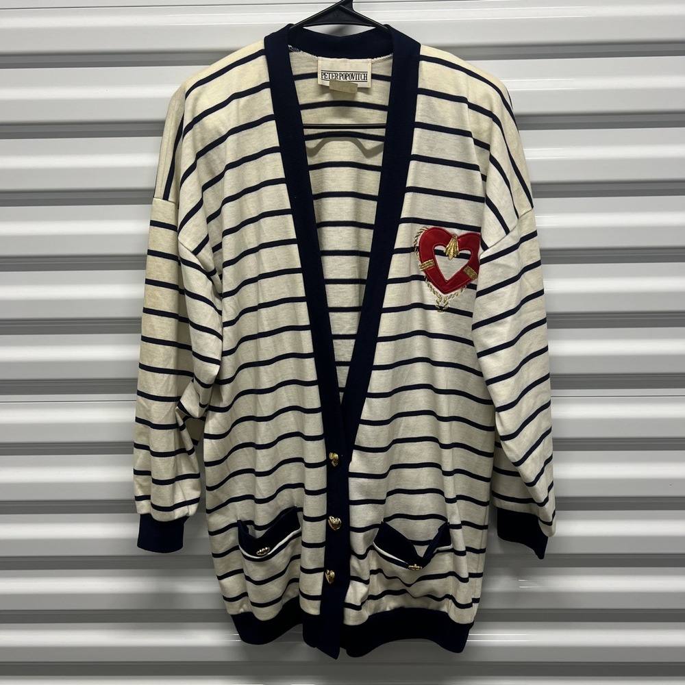 Peter Popovitch Cardigan Size M Womens Vintage Striped Nautical Heart Navy Cream
